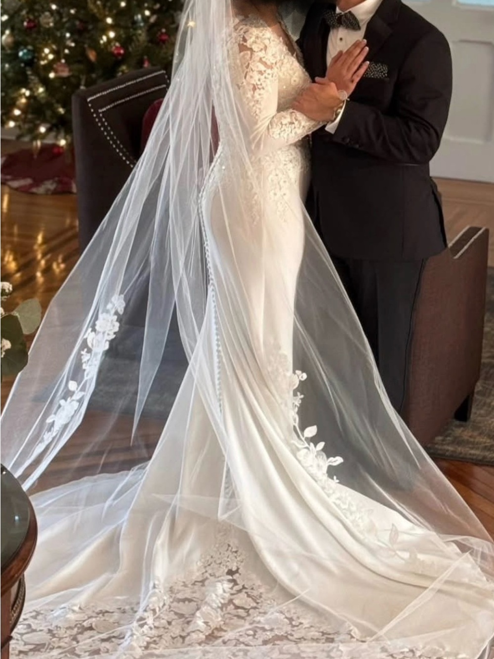 Elegant Lace-Sleeve Wedding Gown with Long Veil